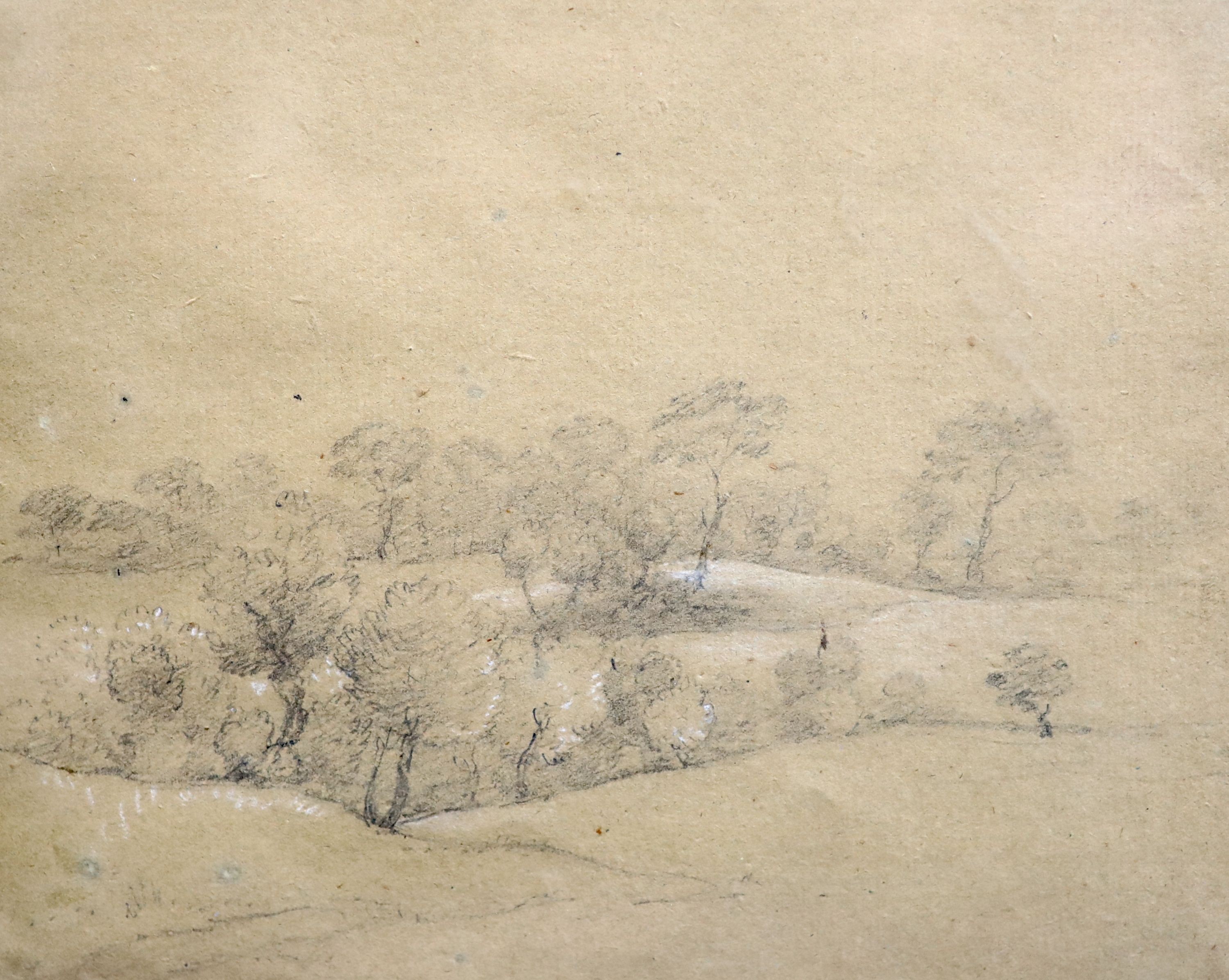 Attributed to Thomas Gainsborough (1727-1788), Trees on a hillside, Pencil and chalk on buff paper, 17.5 x 20.5cm.